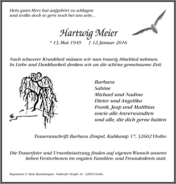 Anzeige  Hartwig Meier  Lippische Landes-Zeitung