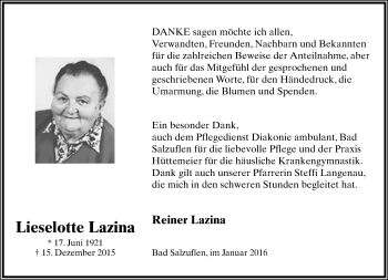 Anzeige  Lieselotte Lazina  Lippische Landes-Zeitung