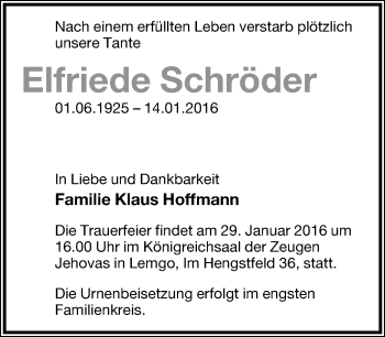 Anzeige  Elfriede Schröder  Lippische Landes-Zeitung