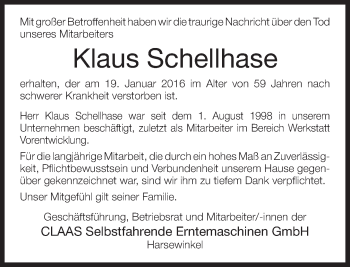 Anzeige  Klaus Schellhase  Lippische Landes-Zeitung