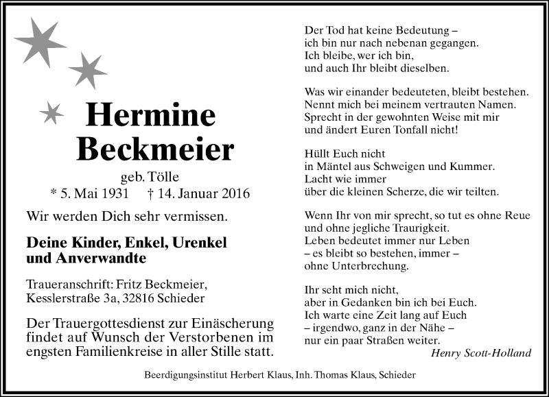  Traueranzeige für Hermine Beckmeier vom 16.01.2016 aus Lippische Landes-Zeitung