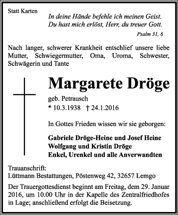 Anzeige  Margarete Dröge  Lippische Landes-Zeitung