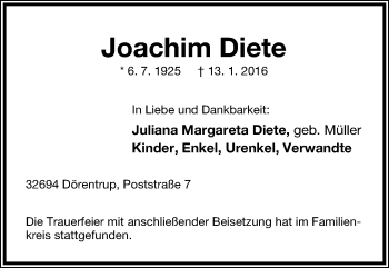 Anzeige  Joachim Diete  Lippische Landes-Zeitung