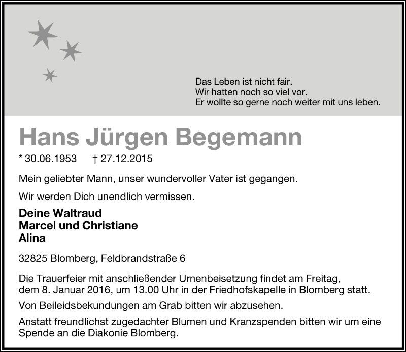  Traueranzeige für Hans Jürgen Begemann vom 06.01.2016 aus Lippische Landes-Zeitung