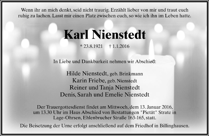  Traueranzeige für Karl Nienstedt vom 08.01.2016 aus Lippische Landes-Zeitung