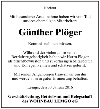 Anzeige  Günther Plöger  Lippische Landes-Zeitung