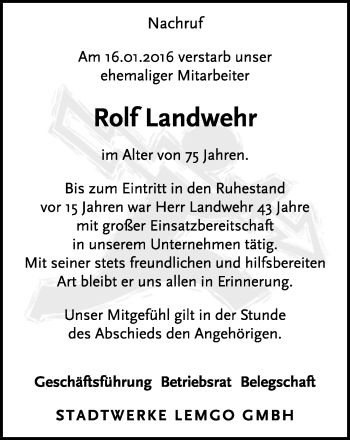 Anzeige  Rolf Landwehr  Lippische Landes-Zeitung