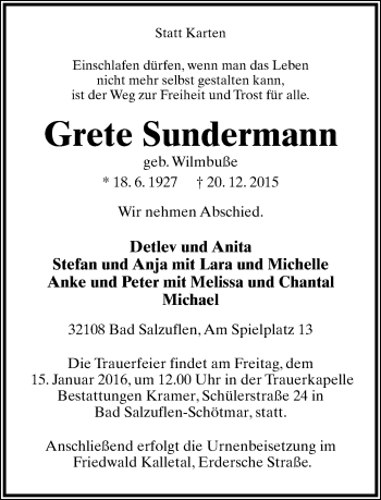 Anzeige  Grete Sundermann  Lippische Landes-Zeitung