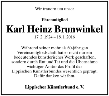 Anzeige  Karl Heinz Brunwinkel  Lippische Landes-Zeitung