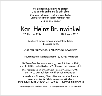 Anzeige  Karl Heinz Brunwinkel  Lippische Landes-Zeitung