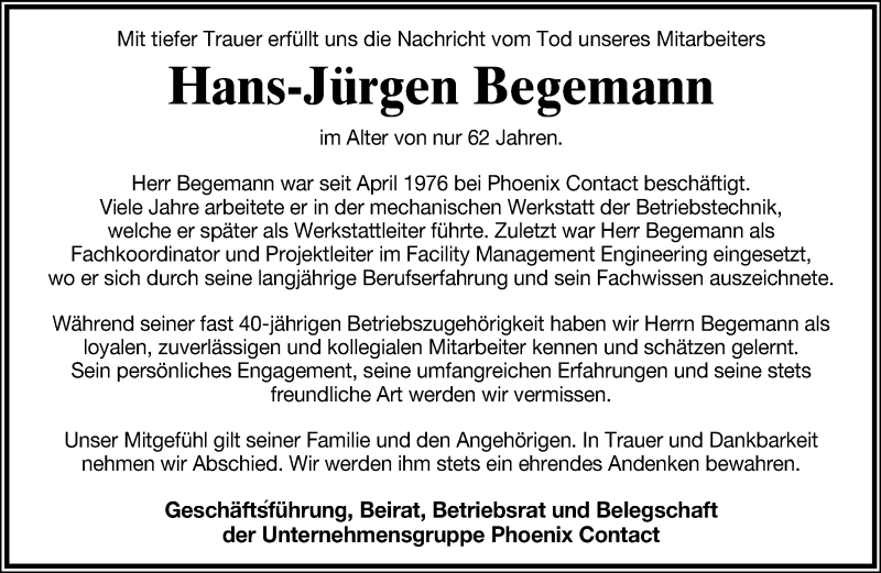  Traueranzeige für Hans Jürgen Begemann vom 08.01.2016 aus Lippische Landes-Zeitung