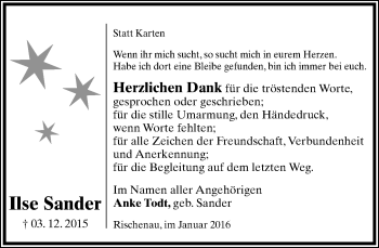 Anzeige  Ilse Sander  Lippische Landes-Zeitung