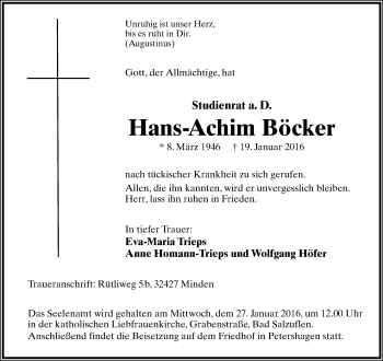 Anzeige  Hans-Achim Böcker  Lippische Landes-Zeitung