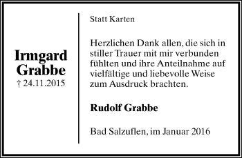 Anzeige  Irmgard Grabbe  Lippische Landes-Zeitung