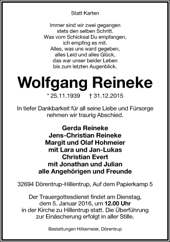 Anzeige  Wolfgang Reineke  Lippische Landes-Zeitung