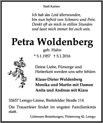 Anzeige  Petra Woldenberg  Lippische Landes-Zeitung