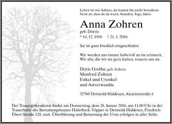 Anzeige  Anna Zohren  Lippische Landes-Zeitung
