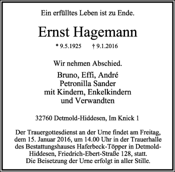 Anzeige  Ernst Hagemann  Lippische Landes-Zeitung