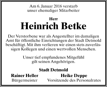 Anzeige  Heinrich Betke  Lippische Landes-Zeitung