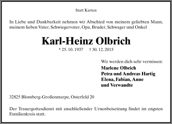 Anzeige  Karl-Heinz Olbrich  Lippische Landes-Zeitung