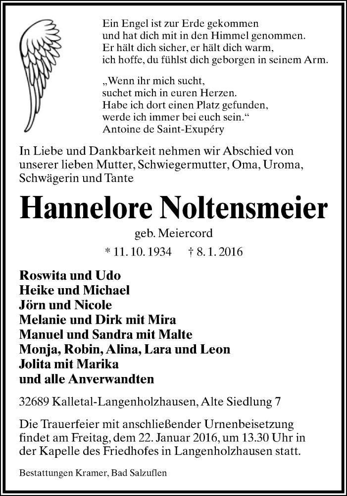  Traueranzeige für Hannelore Noltensmeier vom 16.01.2016 aus Lippische Landes-Zeitung