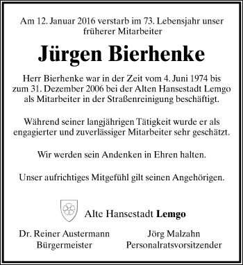 Anzeige  Jürgen Bierhenke  Lippische Landes-Zeitung