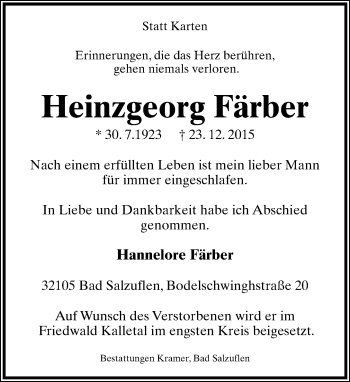 Anzeige  Heinzgeorg Färber  Lippische Landes-Zeitung