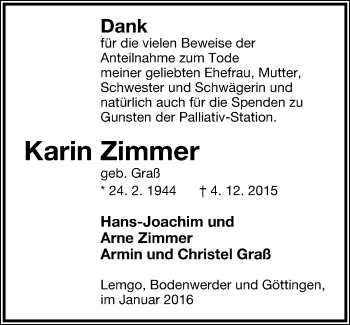 Anzeige  Karin Zimmer  Lippische Landes-Zeitung