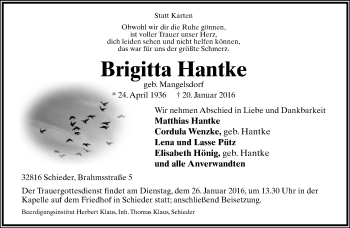 Anzeige  Brigitta Hantke  Lippische Landes-Zeitung