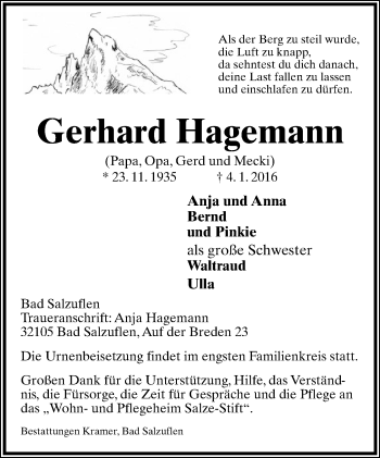 Anzeige  Gerhard Hagemann  Lippische Landes-Zeitung