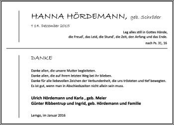 Anzeige  Hanna Hördemann  Lippische Landes-Zeitung