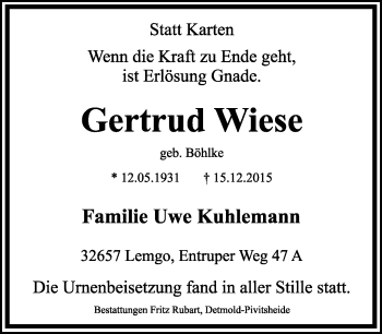Anzeige  Gertrud Wiese  Lippische Landes-Zeitung