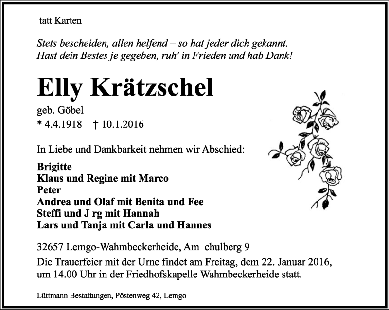  Traueranzeige für Elly Krätzschel vom 16.01.2016 aus Lippische Landes-Zeitung