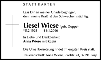 Anzeige  Luise Wiese  Lippische Landes-Zeitung