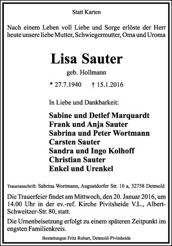 Anzeige  Lisa Sauter  Lippische Landes-Zeitung