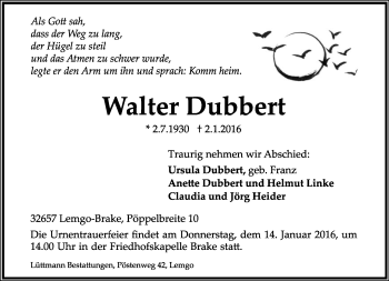 Anzeige  Walter Dubbert  Lippische Landes-Zeitung