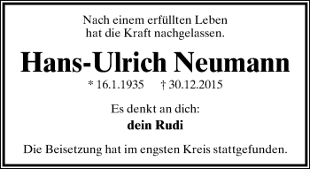 Anzeige  Hans-Ulrich Neumann  Lippische Landes-Zeitung