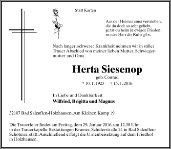 Anzeige  Herta Siesenop  Lippische Landes-Zeitung