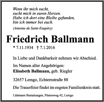Anzeige  Friedrich Ballmann  Lippische Landes-Zeitung