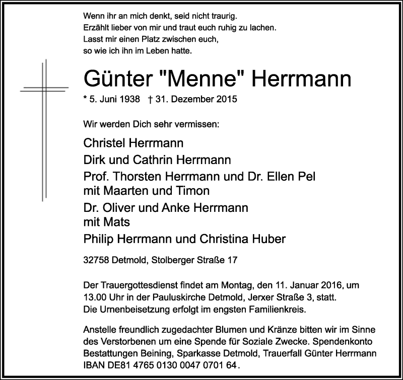  Traueranzeige für Günter Herrmann vom 06.01.2016 aus Lippische Landes-Zeitung