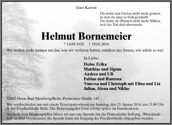 Anzeige  Helmut Bornemeier  Lippische Landes-Zeitung