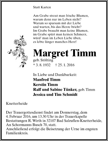 Anzeige  Margret Timm  Lippische Landes-Zeitung