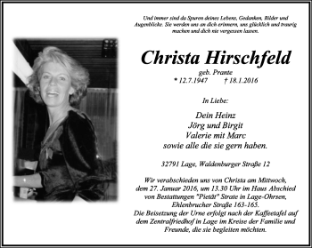 Anzeige  Christa Hirschfeld  Lippische Landes-Zeitung