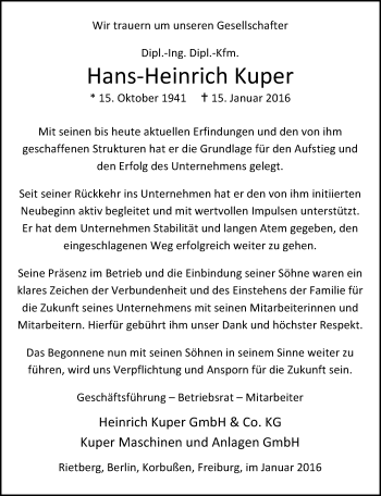 Anzeige  Hans-Heinrich Kuper  Lippische Landes-Zeitung