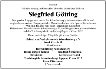 Anzeige  Siegfried Götting  Lippische Landes-Zeitung