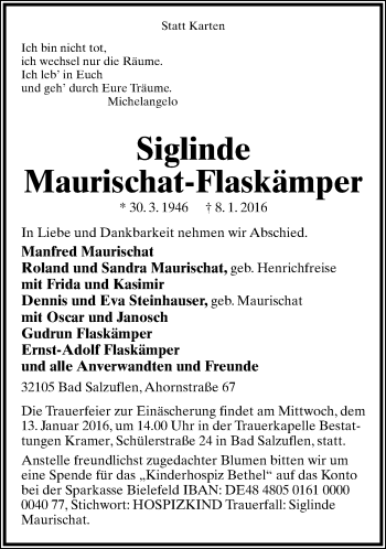 Anzeige  Siglinde Maurischat-Flaskämper  Lippische Landes-Zeitung