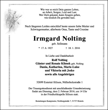 Anzeige  Irmgard Nolting  Lippische Landes-Zeitung
