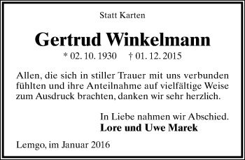 Anzeige  Gertrud Winkelmann  Lippische Landes-Zeitung