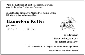 Anzeige  Hannelore Kötter  Lippische Landes-Zeitung