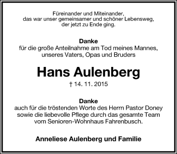 Anzeige  Hans Aulenberg  Lippische Landes-Zeitung